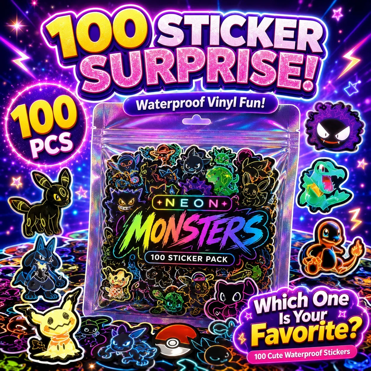 Luggage - 100 stuks neon Pokémon-stickers, waterbestendig, voor